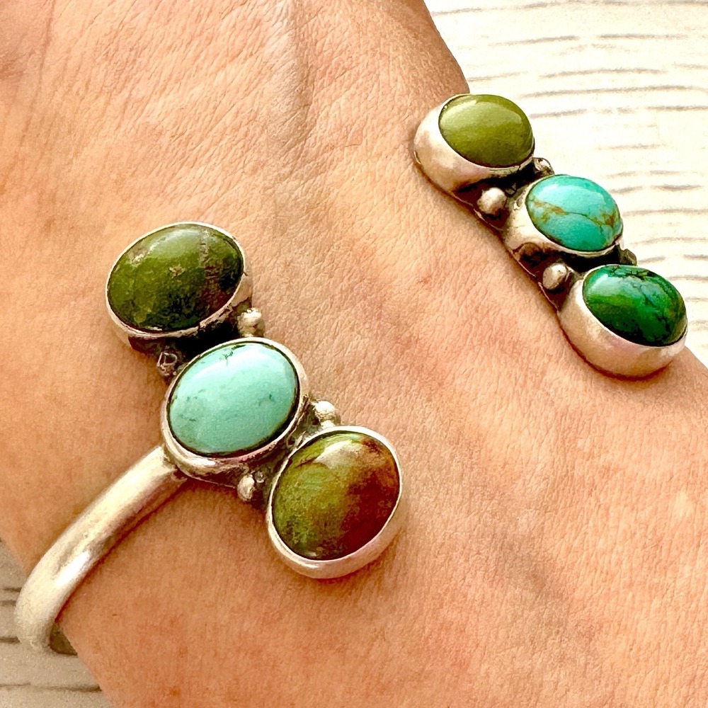 Mixed Turquoise Navajo Reverse Cuff Bracelet 6.5in Signed James 14g Sterling USA - Picture 5 of 9